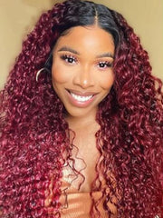Beginner Friendly V Part Burgundy Ombre With Dark Roots Curly Wig 150% Density