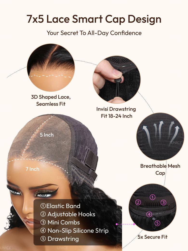 UNice 7x5 Bye-Bye Knots TM Wig Glueless Lace Sunset Jerry Curly & Afro Kinky Curly for Reddish Brown Drawstring Wig With Bleached Knots
