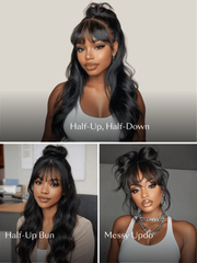 7x5 Bye-Bye Knots TM & 13x4 Pre-Everything TM Pull & Go Black Fluffy Loose Wave Wispy Bangs Glueless Wig