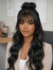 UNice Machine Made Yaki Human Hair Glueless Wispy Bangs Wig & Bye-Bye Knots 7x5 Lace Frontal Pull And Go Fluffy Natural Black Loose Wave Wig