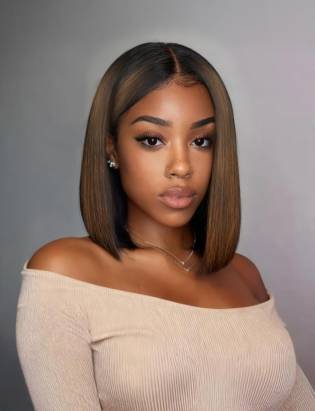 Unice Bye-Bye Slip 7x5 & 13x4 Lace Black to Chestnut Brown Ombre Yaki Bob Wig