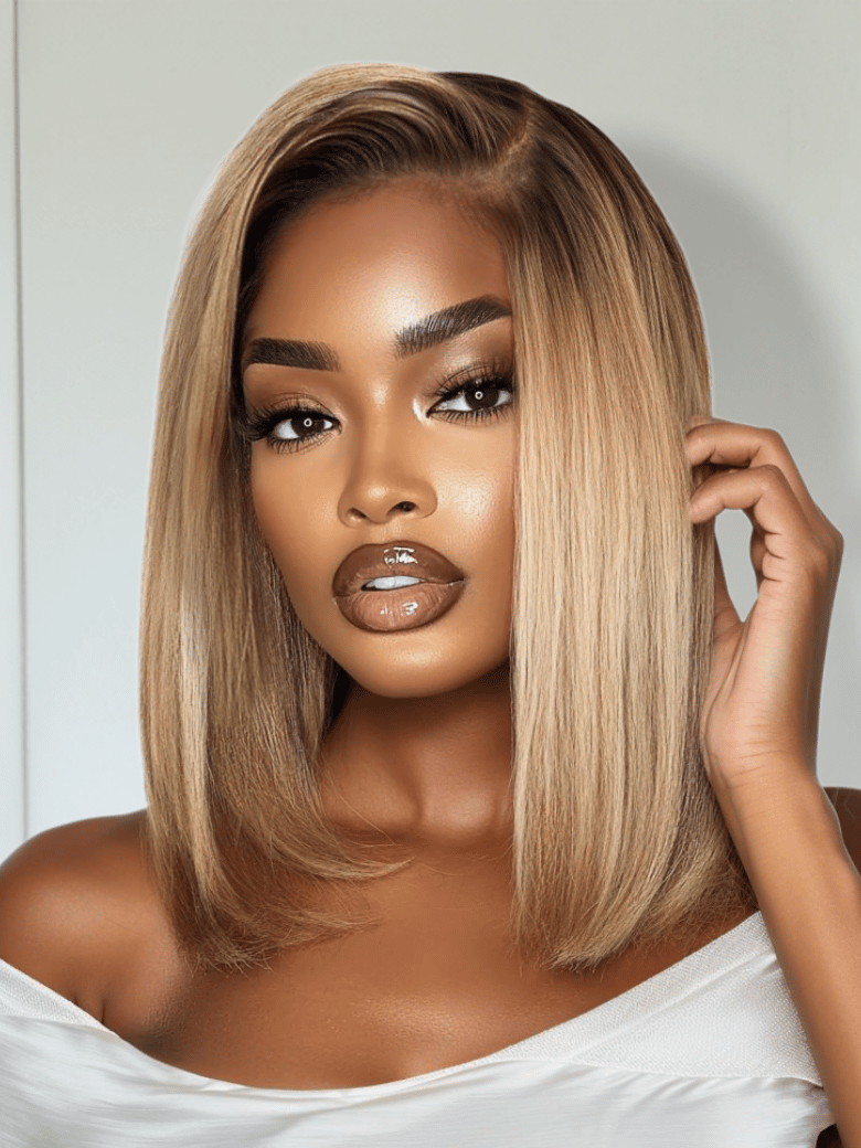 UNice Bye-Bye Slip 7x5 Lace Blonde with Brown Roots Side Part Blunt Bob Drawstring Wig 150% destiny