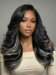 UNice Bye-Bye Slip TM 7x5 Lace Black & Ash Highlights on Black Hair Feathered Hairstyles 200% Density Wig with Side Bangs