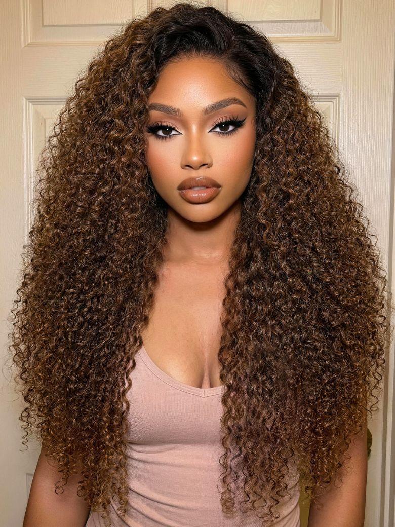 UNice 7x5 Bye Bye Slip TM Lace Warm Caramel Brown with Dark Roots Natural Afro Curly Wig with Invisi Drawstring