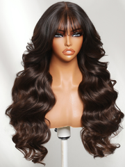 UNice 7x5 Bye Bye Slip TM Lace Black to Chocolate Brown Ombre Fluffy Loose Wave Wig with Wispy Bangs