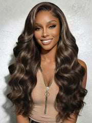 UNice 7x5 Bye Bye Slip TM Lace Frontal Dark Chocolate Brown with Caramel Highlights Body Wave Wig with Side Part Bangs