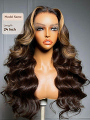 UNice 360 HD Lace Pre-plucked Luxury Raw Virgin Hair Chocolate Brown Balayage Body Wave Wig with Money Piece Highlights