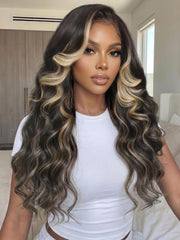 UNice 7x5 Bye Bye Slip TM Lace Black With Blonde Face-Framing Highlights Body Wave Wig with Side Part Bangs