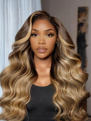 UNice 13x4 Pre-Everything TM Lace Frontal Honey Blonde Balayage With Chestnut Brown Roots Body Wave Drawstring Wig