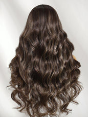 UNice 7x5 Bye Bye Slip TM Lace Frontal Dark Chocolate Brown with Caramel Highlights Body Wave Wig with Side Part Bangs