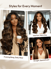 7x5 Bye Bye Slip TM Balayage Highlight Body Wave & Curtain Bangs Wig - Glueless Lace Pull & Go with Invisi Drawstring