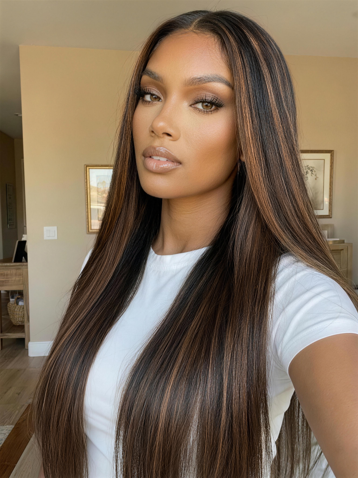 UNice 7x5 Bye Bye Slip TM Lace Black with Golden Brown Highlights Yaki Straight Wig with Invisi Drawstring