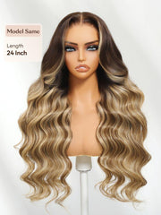 UNice 13x4 Pre-Everything TM Lace Frontal Honey Blonde Balayage With Chestnut Brown Roots Body Wave Drawstring Wig