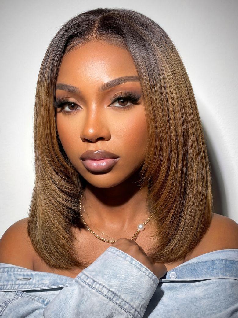 UNice 7x5 Bye Bye Slip TM Lace Black to Chestnut Brown Ombre Layered Yaki Straight Bob Wig with Invisi Drawstring