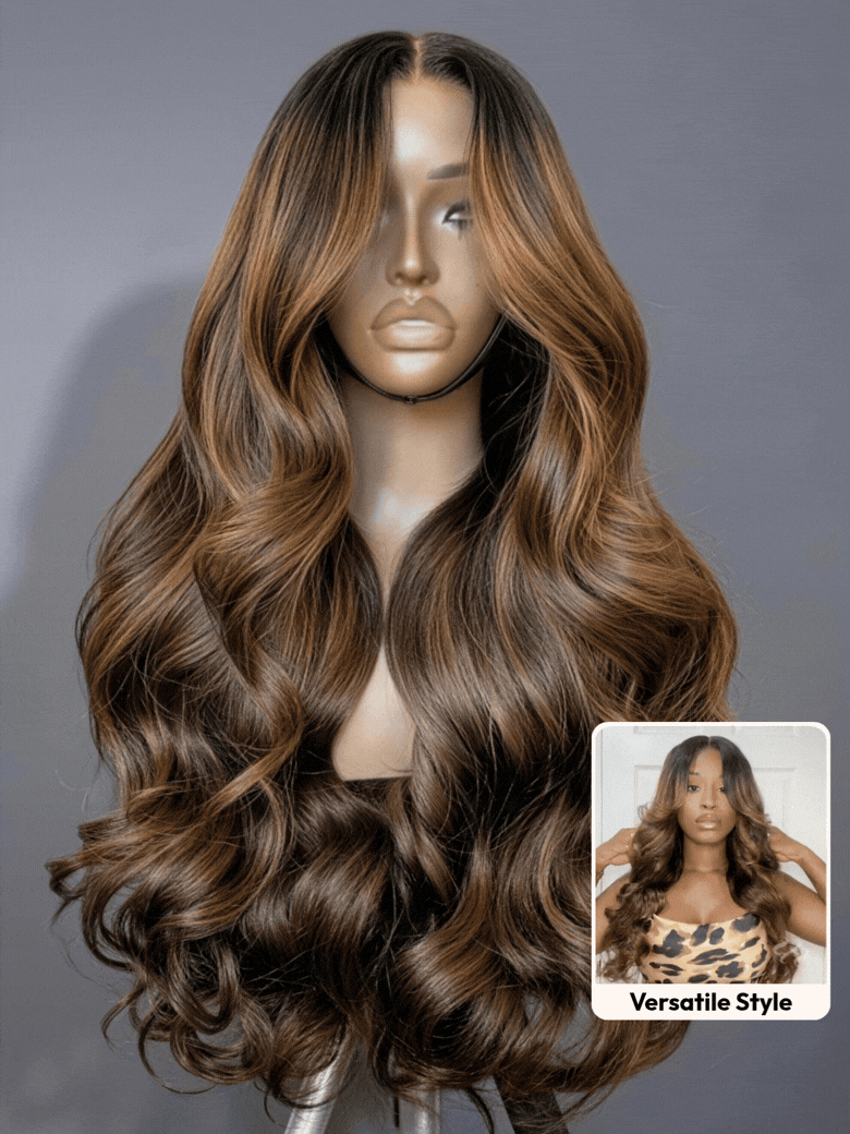 7x5 Bye Bye Slip TM Balayage Highlight Body Wave & Curtain Bangs Wig - Glueless Lace Pull & Go with Invisi Drawstring