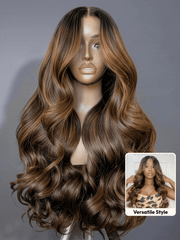 7x5 Bye Bye Slip TM Balayage Highlight Body Wave & Curtain Bangs Wig - Glueless Lace Pull & Go with Invisi Drawstring