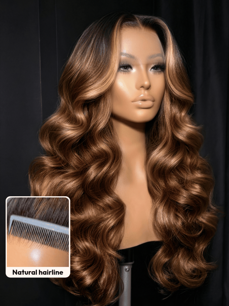 UNice 360 HD Lace Pre-plucked Luxury Raw Virgin Hair Caramel Brown With Money Piece Highlights Body Wave Wig