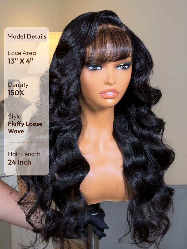 UNice 13x4 Pre-Everything TM Side-Part Fluffy Loose Wave Wig With Wispy Air Bangs