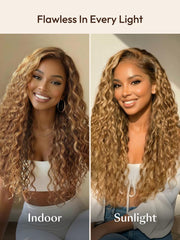 13x4 Bye Bye Slip TM Lace Frontal Bronde Color With Honey Blonde Highlights Water Wave Glueless Drawstring Wig