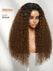 UNice 7x5 Bye Bye Slip TM Lace Warm Caramel Brown with Dark Roots Natural Afro Curly Wig with Invisi Drawstring