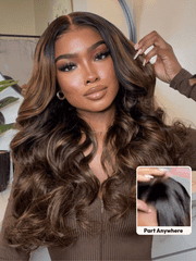 7x5 Bye Bye Slip TM Balayage Highlight Body Wave & Curtain Bangs Wig - Glueless Lace Pull & Go with Invisi Drawstring
