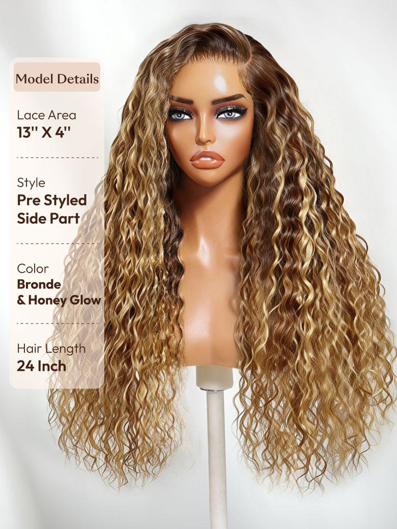 13x4 Bye Bye Slip TM Lace Frontal Bronde Color With Honey Blonde Highlights Water Wave Glueless Drawstring Wig