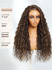 UNice 100% Human Hair Bye-Bye Knots TM 7x5 Lace Dark Toffee Brown with Auburn Highlights Water Wave Wig with Invisi Drawstring