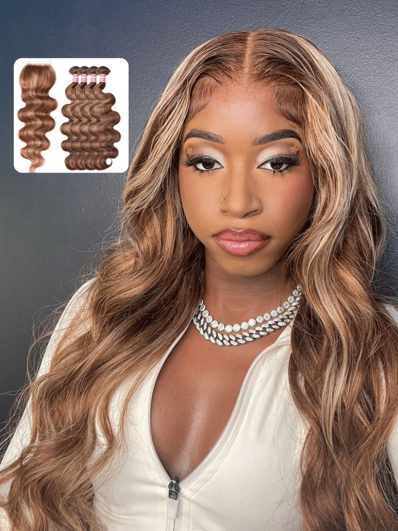 UNice Honey Blonde Piano Highlighted Body Wave 4Pcs Bundles With Closure