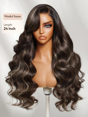 UNice 7x5 Bye Bye Slip TM Lace Frontal Dark Chocolate Brown with Caramel Highlights Body Wave Wig with Side Part Bangs