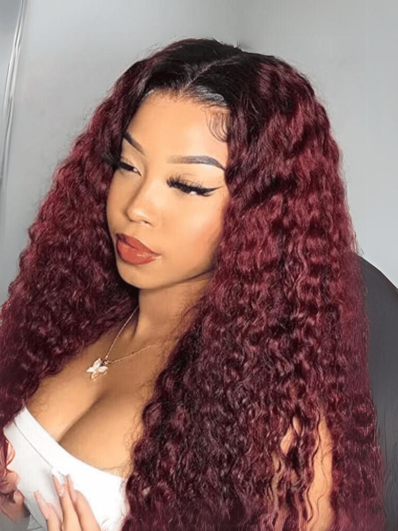 Beginner Friendly V Part Burgundy Ombre With Dark Roots Curly Wig 150% Density