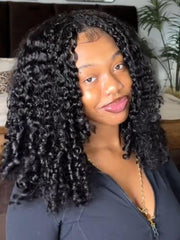 UNice InvisiBlend TM V Part Curly Texture Drawstring Human Hair Wig With Finger Coil Ends