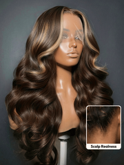 UNice 360 HD Lace Pre-plucked Luxury Raw Virgin Hair Chocolate Brown Balayage Body Wave Wig with Money Piece Highlights