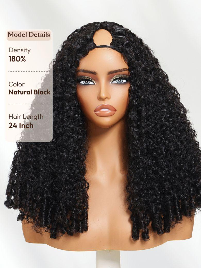 UNice InvisiBlend TM V Part Curly Texture Drawstring Human Hair Wig With Finger Coil Ends