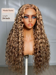 UNice 7x5 Lace Bye Bye Slip TM 200% Density Honey Blonde Highlights Water Wave Wig with Invisi Drawstring