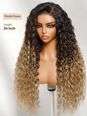 UNice No Slip 7x5 Lace Black to Brown to Blonde Ombre Water Wave Glueless Human Wig with Invisi Drawstring