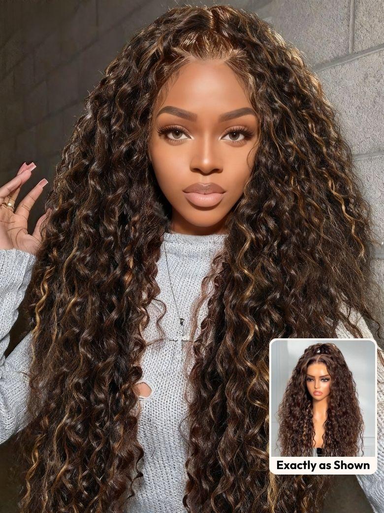 UNice 100% Human Hair Bye-Bye Knots TM 7x5 Lace Dark Toffee Brown with Auburn Highlights Water Wave Wig with Invisi Drawstring