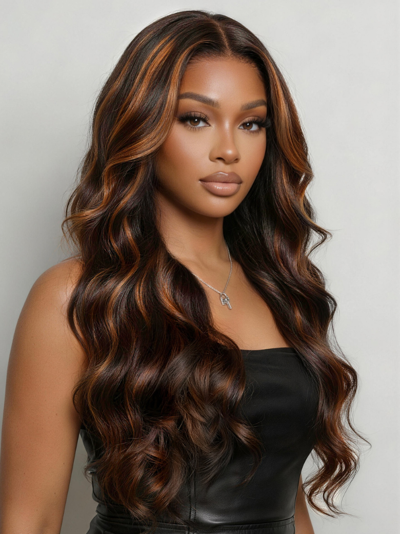 UNice 7x5 Bye Bye Slip TM Lace Rich Dark Chocolate Brown with Warm Caramel/Cinnamon Highlights Body Wave Wig